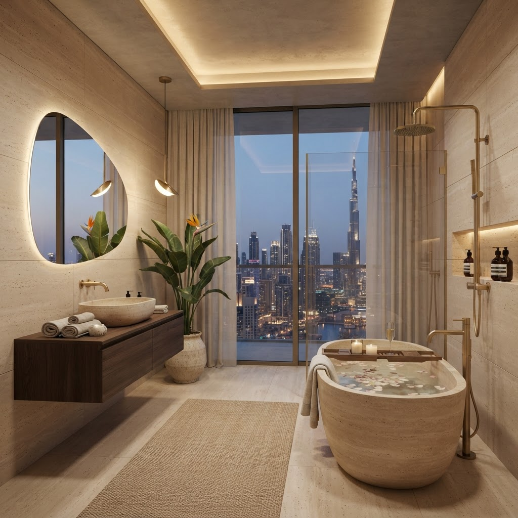 Bathroom with stone bathtub and travertine walls