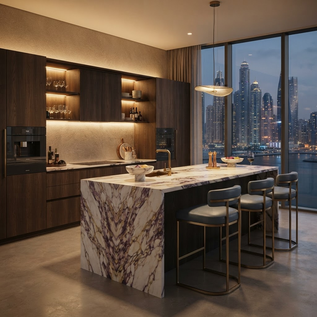 Kitchen with marble island and oak cabinetry in Dubai Marina
