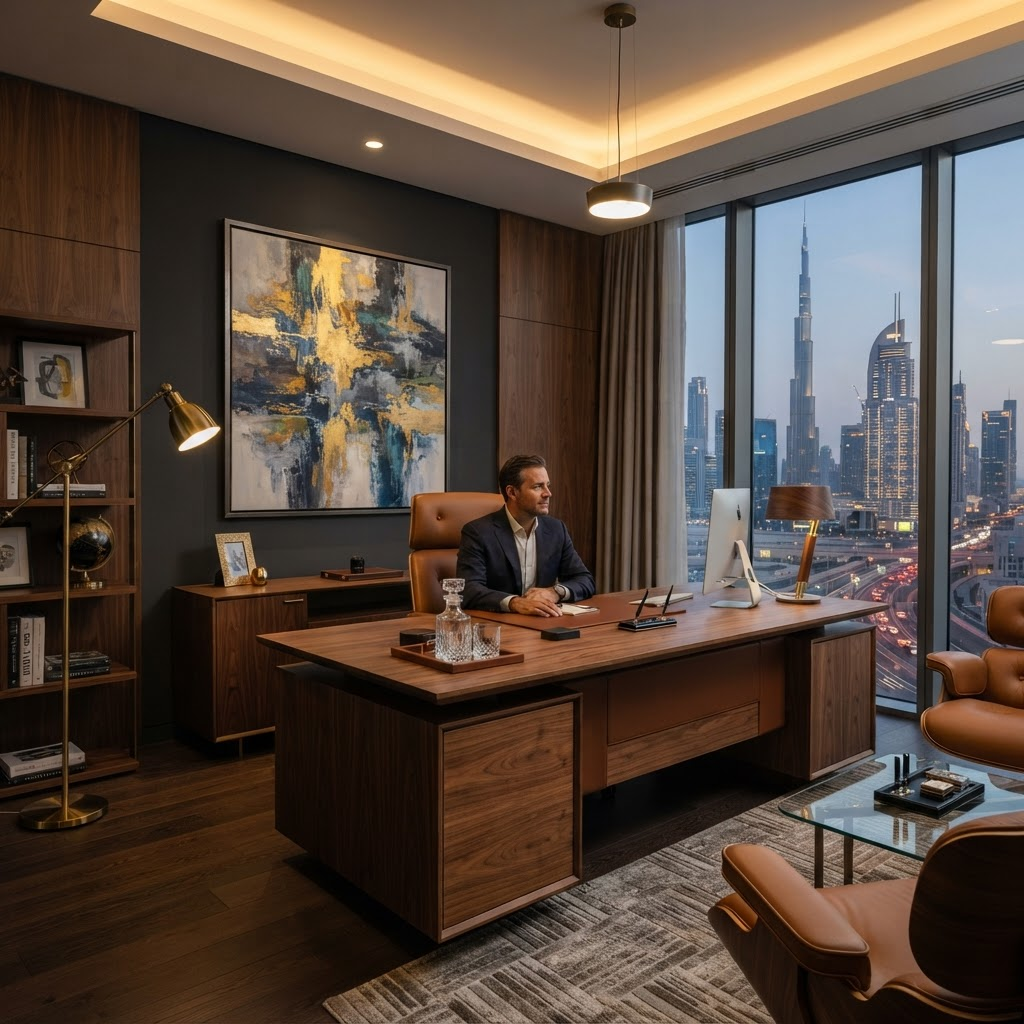 Executive office in DIFC with floor-to-ceiling glazing